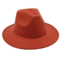 Macro shot of stitching detail on a caramel wool felt fedora hat with a wide brim - One Size / Rust red