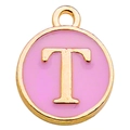 Pink enamel round alphabet T pendant with gold plating for DIY jewelry making - Double-Sided Letter T / 1 Piece (12x14mm) / Pink