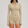 Beige two-piece sports set with zip-up jacket and high-waisted shorts with pockets - S / Top And Bottom / Light Camel