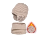 Winter fleece-lined knit hat and scarf set with ear protection and snowflake pattern - Beige