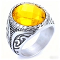 Macro detail of men's vintage silver ring with oval faceted yellow gemstone and carvings - Steel Color + Yellow Gemstone