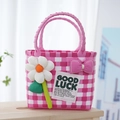 Pink and white checkered woven picnic bag with 3D daisy flower and bow decoration - Sunflower Bow Decoration / Pink White