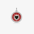 S925 silver round pendant with red enamel, black heart design, and diamond halo accents - Silver-Round Heart