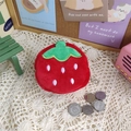 Detailed view of mini plush strawberry coin purse with soft texture and metal bead chain - Red Strawberry