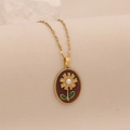 Vintage stainless steel sunflower necklace with red enamel and white pearl pendant - Burgundy