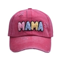 Casquette vintage rose délavé avec broderie MAMA colorée et détails usés de style rétro - Rose Rouge - Casquette de Baseball MAMA à Lettres Colorées