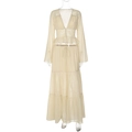 Detail of sheer beige lace chiffon set with ruffled V-neck top and tiered maxi skirt - S / Apricot