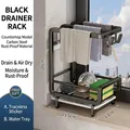 Black dual-layer carbon steel kitchen sponge and rag rack with a drainage tray - Upgraded Thickened Countertop With Hooks / Black