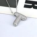 Silver letter T pendant necklace with sparkling cubic zirconia on a beaded chain - Letter T