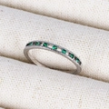 Silver ring featuring round green zircons and elegant milgrain vintage edge detailing - Row Emerald Gemstone White Gold Style (Style 22 White Gold)