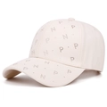 Detail of cream baseball cap with rhinestone PN letter pattern and twill cotton texture - Adjustable / Milky White
