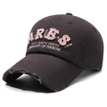 Distressed dark chocolate brown baseball cap featuring pink ARES towel embroidery - Adjustable / Gray