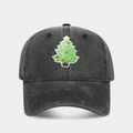Detail of Christmas tree embroidery on vintage washed dark grey cotton baseball cap - Adjustable / Christmas Tree Pattern Black