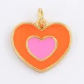 Golden brass heart pendant with layered orange and pink enamel for DIY jewelry - Orange Pink Heart-L281424