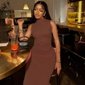 Elegant sleeveless dark brown high-neck midi dress with side ruching and slim fit design - S / Dark Brown
