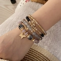 Böhmisches Set aus mehrlagigen Perlenarmbändern mit goldenem Schmetterling und Blatt - Schmetterling Anhänger Mehrschichtiger Stil (3# Grau) / Grau Marmor