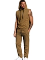 Detail of tan sleeveless hoodie and joggers set with black drawstring accents - S / Khaki