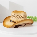Classic straw cowboy hat with diamond hollow pattern and vintage decorative leather band - M / Sunray Metal Buckle / Natural+Camel