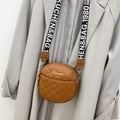 Brown quilted circle crossbody bag with S-logo and stylish wide embroidered strap - Brown