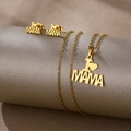 Detail view of gold stainless steel jewelry set featuring I LOVE MAMA pendant and studs - I❤️MAMA Text (TZ-464)
