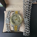 Men's hip hop gold and silver iced out watch with matching Cuban link jewelry set - Gold Watch + Silver Bracelet and Necklace