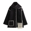 Close-up of black wool coat featuring fringe scarf design and white wavy embroidery detail - XS / Black