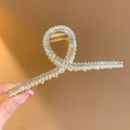 Elegant 11cm large gold metal hair claw clip embellished with white pearls and sparkling rhinestones - Double Row Pearl Rhinestone Claw Clip
