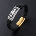 Retro men's black braided leather bracelet with silver cross patterns and golden magnet clasp - Gold Magnetic Clasp Cross Plate (AML011126) / Gold