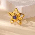 Luxurious gold starfish ring featuring blue star gemstone and three white pearls - Adjustable Open / Stainless Steel Starfish Pearl Style (G4127533)