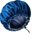 Dark blue satin bonnet with elastic band and adjustable toggle for hair care - 32cm / Navy Blue