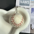 Handmade white wool felt baseball keychain with red stitching on ceramic heart dish - Baseball