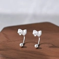 Elegant 925 silver plated bow stud earrings with polished metal sphere on wood - Butterfly Bow Round Bead Pendant (A159)