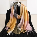 Detail of color-block plaid scarf showing soft texture and twisted fringe tassels - 200x65cm / Ginger/Pink/Black/Gray Color Block (WT11-4)