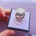 Mens hip hop style hexagon signet ring with micro-pave crystals in a gift box - White Gold