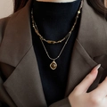 Collar de doble capa dorado con cuentas de ojo de tigre y colgante de metal irregular - 6# Collar - Conjunto de Dos Piezas Marrón (Estilo Trébol Doble Capa)