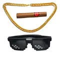 Thug Life accessories set featuring a gold chain, pixelated sunglasses, and toy cigar - Set (Glasses+Chain+Cigar)