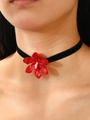 Retro oversized red flower choker necklace with black velvet band on model - Red Flower Choker (A-1002)