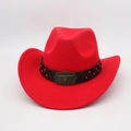 Detail of red wool felt cowboy hat featuring bull skull buckle and studded leather band - One Size / Red (Rivet Bull Head)
