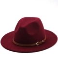 Detail of burgundy wool fedora hat featuring a brown leather band and gold buckle - Wine Red
