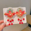 Detail of handmade Hanfu hair clips with gold flowers, red tassels and pearls - 12# Three Red Flowers Red Bead Pair Clips