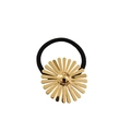 Detailed view of black elastic hair tie with a shiny gold metal flower ornament - Gold Thin Petal Flower