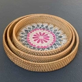 Three-piece nesting set of round woven trays with pink floral mosaic shell patterns - High Heart Flower / Three-Piece Set