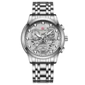 All-silver men's mechanical watch with hollow dial and stainless steel five-link strap - Silver