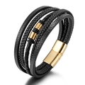 Men's multilayer braided black leather bracelet featuring a polished gold magnetic clasp - Gold