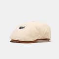 Detail of beige vintage flat cap with brown leather brim and LOVE embroidery logo - One Size / Beige