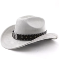 Close-up of light grey wool cowboy hat featuring silver studs and vintage embossed buckle - M (56-58cm) / Light Gray