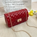 Glossy red quilted crossbody bag with gold chain strap and pearl handle detail - Red (Chain Strap)