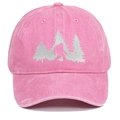 Close-up of Bigfoot silhouette embroidery on pink washed cotton vintage baseball cap - Pink