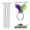 Mardi Gras accessories set with purple green and gold bead necklaces and feather headband - Mardi Gras Set (Bead Necklaces, Feather Sequin Headband, Armband)
