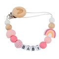 Pink and wood baby pacifier clip with silicone beads and crochet balls - 5# (Pink White Wood)